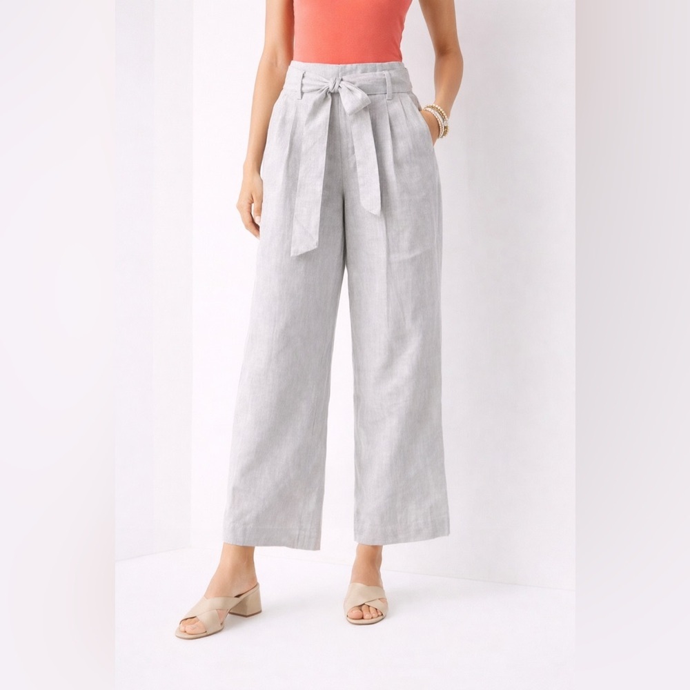 NWOT Chico's Belted Pleated Wide Leg Linen Pants in Oatmeal Beige Size 1.5 Tall